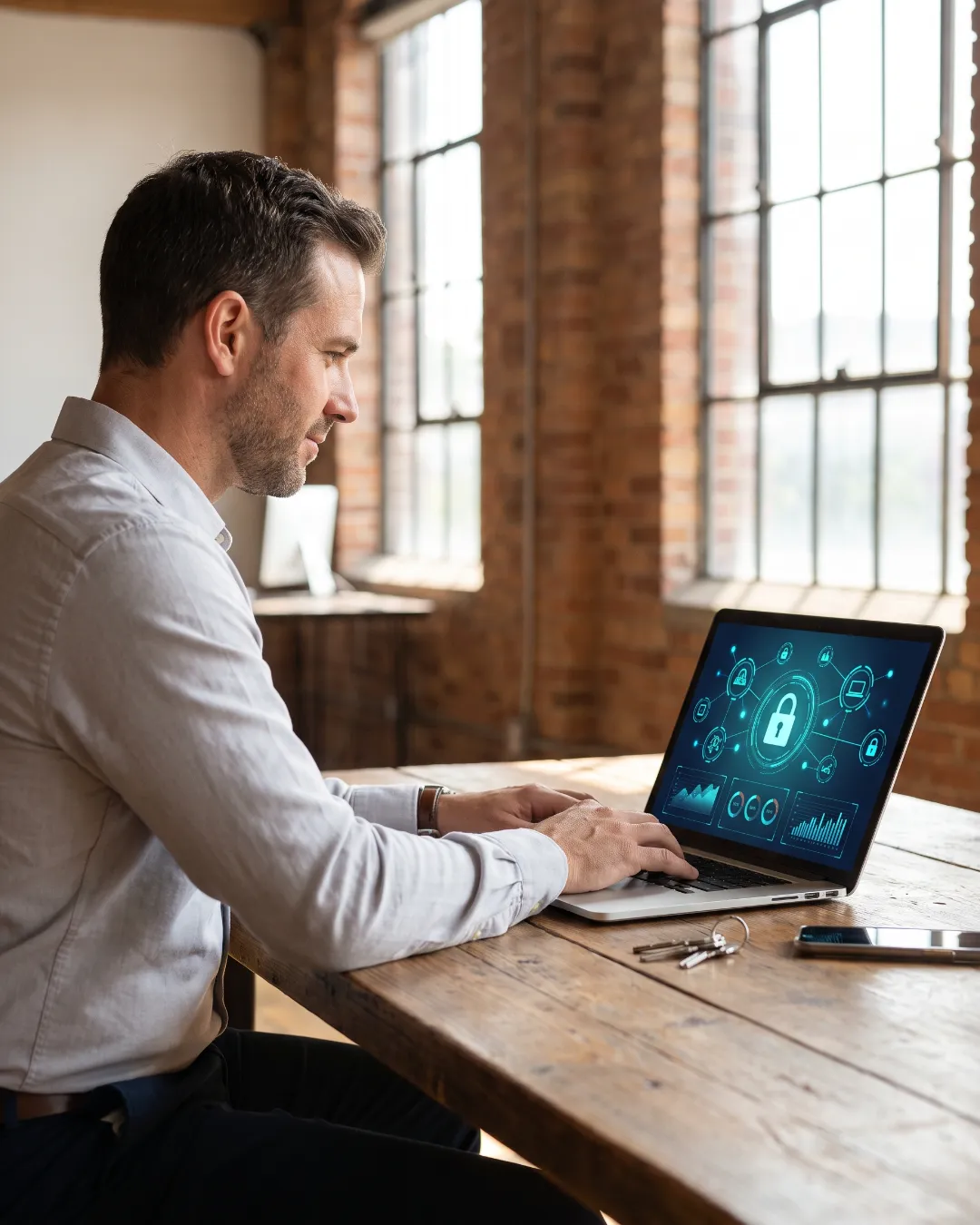 A business owner working on a laptop displaying cybersecurity network graphics